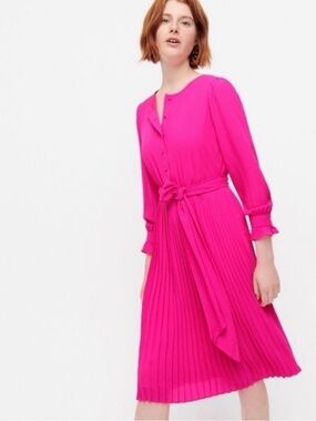 Women's Fuchsia Pleated Midi Dress with Tie Waist